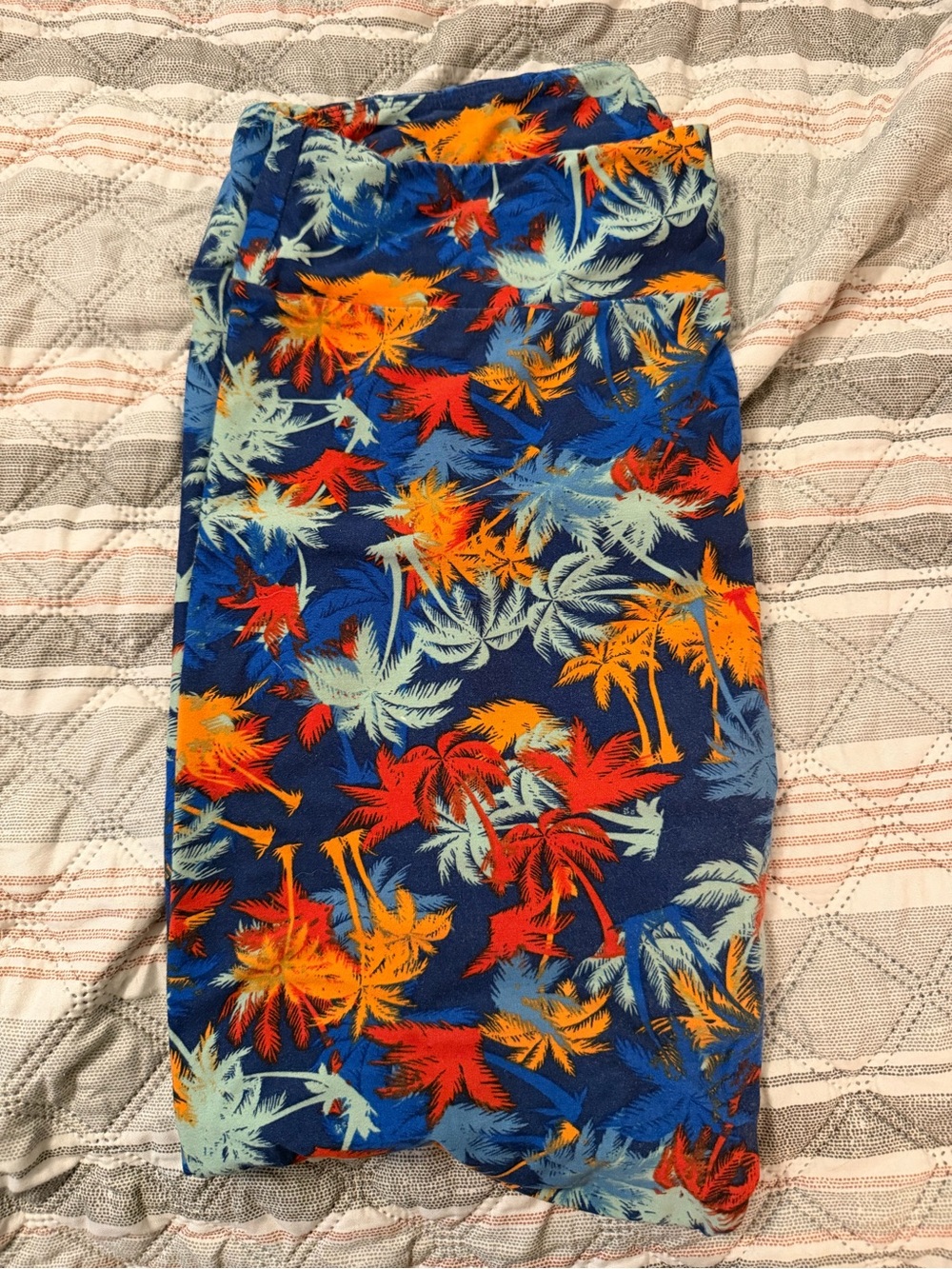 LuLaRoe Blue Palm-Print Leggings with Orange & Red Accents- tall and curvy